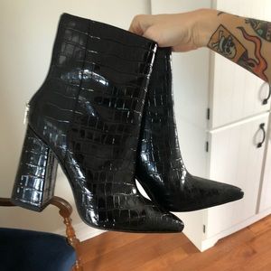 Black patent snakeskin ankle boots with block heel